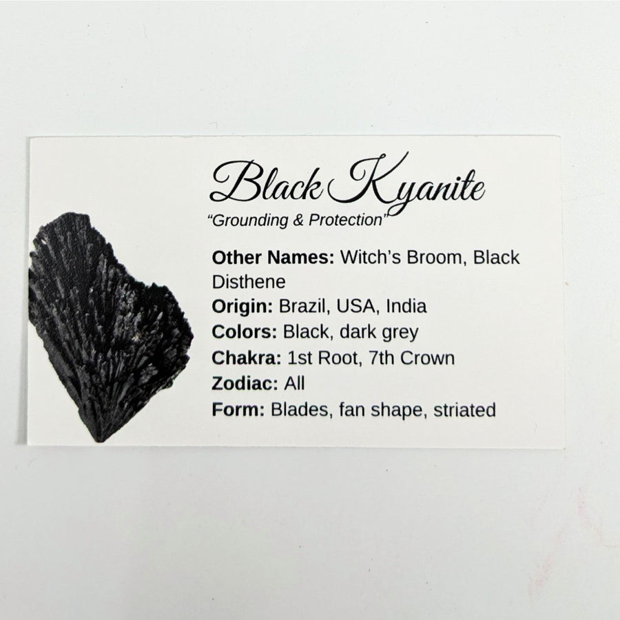 Black Kyanite Crystal Information Card detailing healing properties and kyanite crystal info