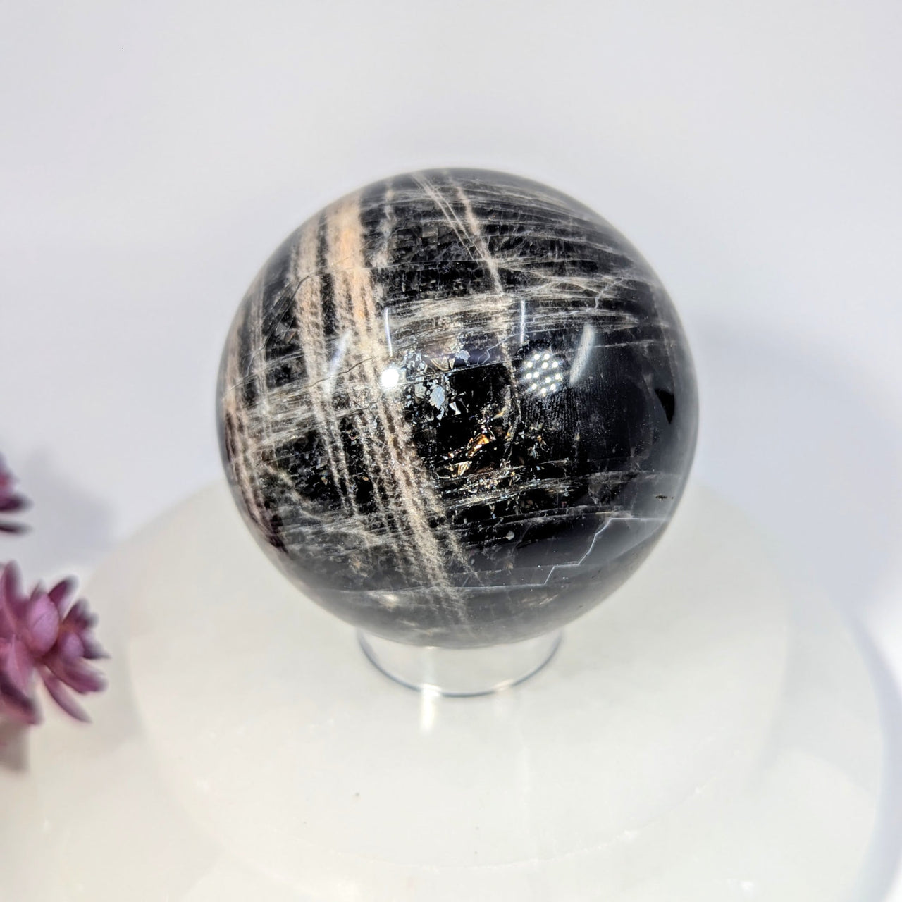 Polished 2.4-inch Black Moonstone Sphere #BC0252 with White Golden Streaks