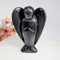 Polished 3-inch black obsidian angel figurine BC0149 with glossy wings