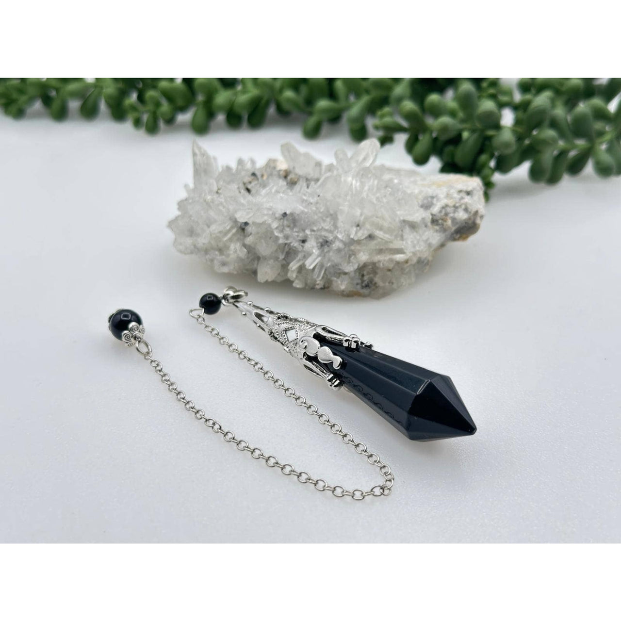 Black Obsidian Art Deco Silver Floral Crystal Pendant Necklace LV9507