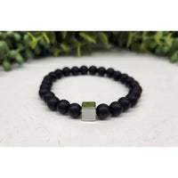 Black matte beaded bracelet with silver green accents and gun metal cube, LV9508