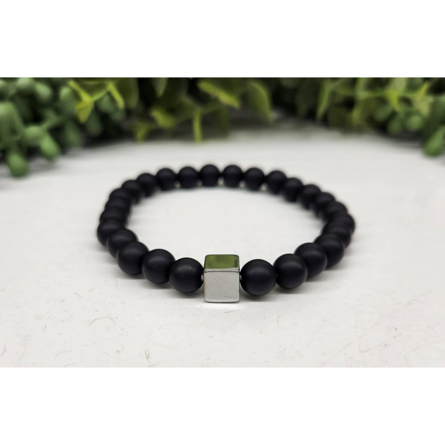 Black matte beaded bracelet with silver green accents and gun metal cube, LV9508