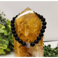 Black matte obsidian beaded bracelet with gun metal cube accents LV9508