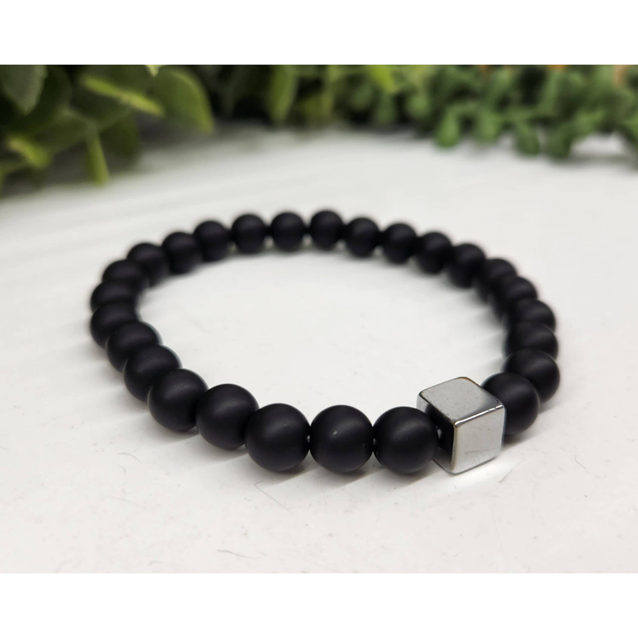 Black matte obsidian beaded bracelet with gun metal cube clasp LV9508