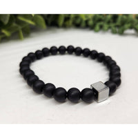 Black matte obsidian beaded bracelet with gun metal cube clasp LV9508