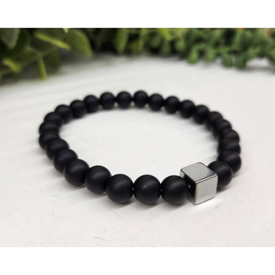 Black matte obsidian beaded bracelet with gun metal cube clasp LV9508