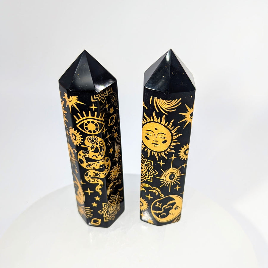 Black Obsidian 3.5’’ Gold Etched Tower #BC0223 with Celestial Symbols