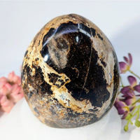 Polished egg-shaped obsidian Black Opal 4’’ freeform #BC0353 with swirls