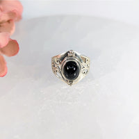 Black Star Sapphire Sz 7.5 Leaf Motif Ring S.S. #LV9850