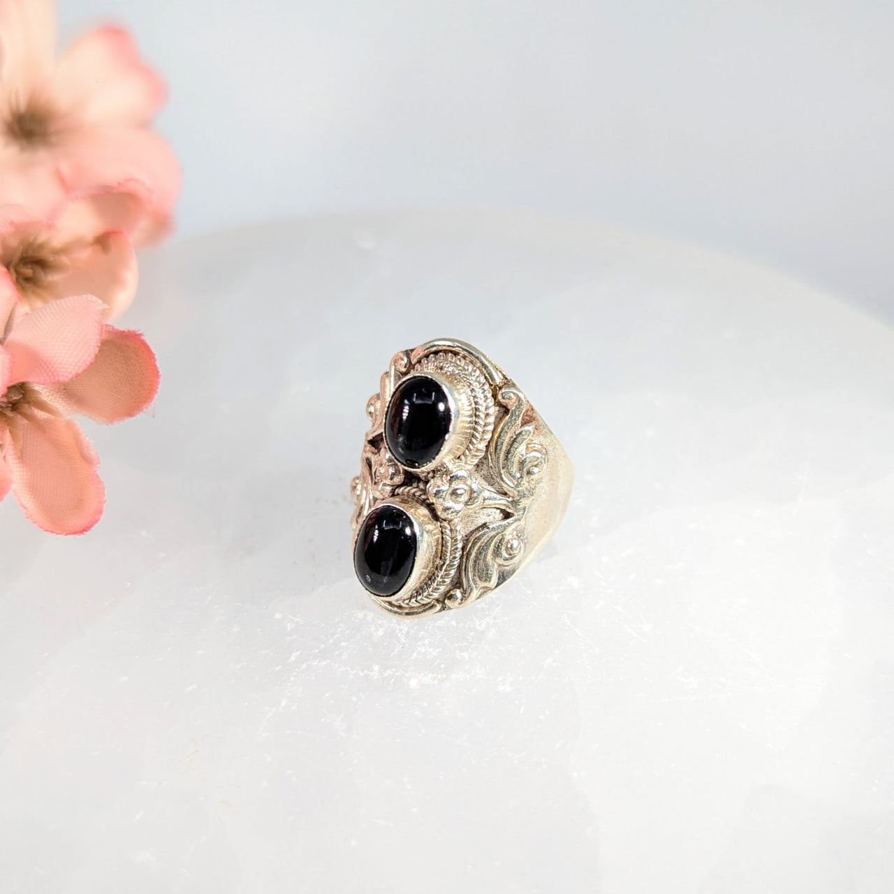 Black Star Sapphire Sz 7 Double Stone Ring S.S. #LV9851