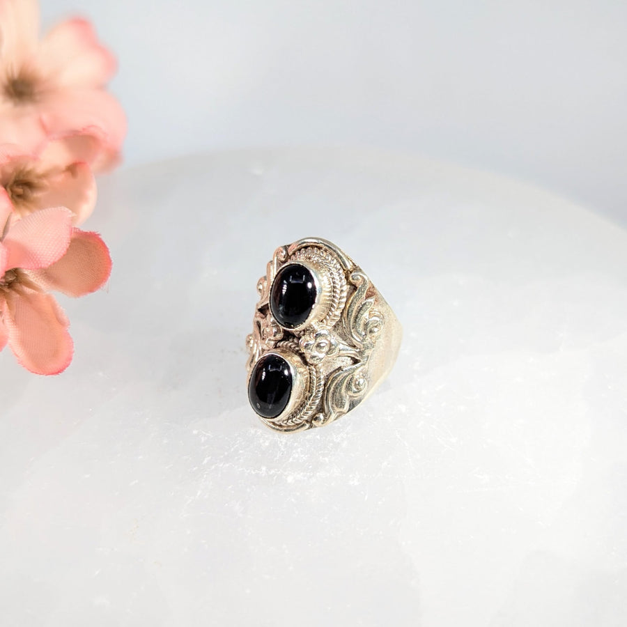Black Star Sapphire Sz 7 Double Stone Ring S.S. #LV9851