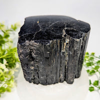 Black tourmaline 3.8 inch rough top polished specimen with textured surface and vertical striations #BC1354