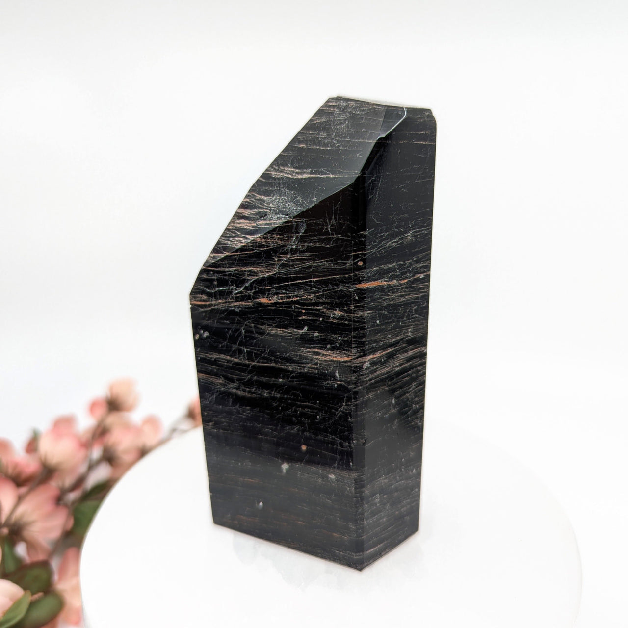 Polished black Tourmaline obelisk displayed in Black Tourmaline 4.4 inch Geo Tower #LV8366