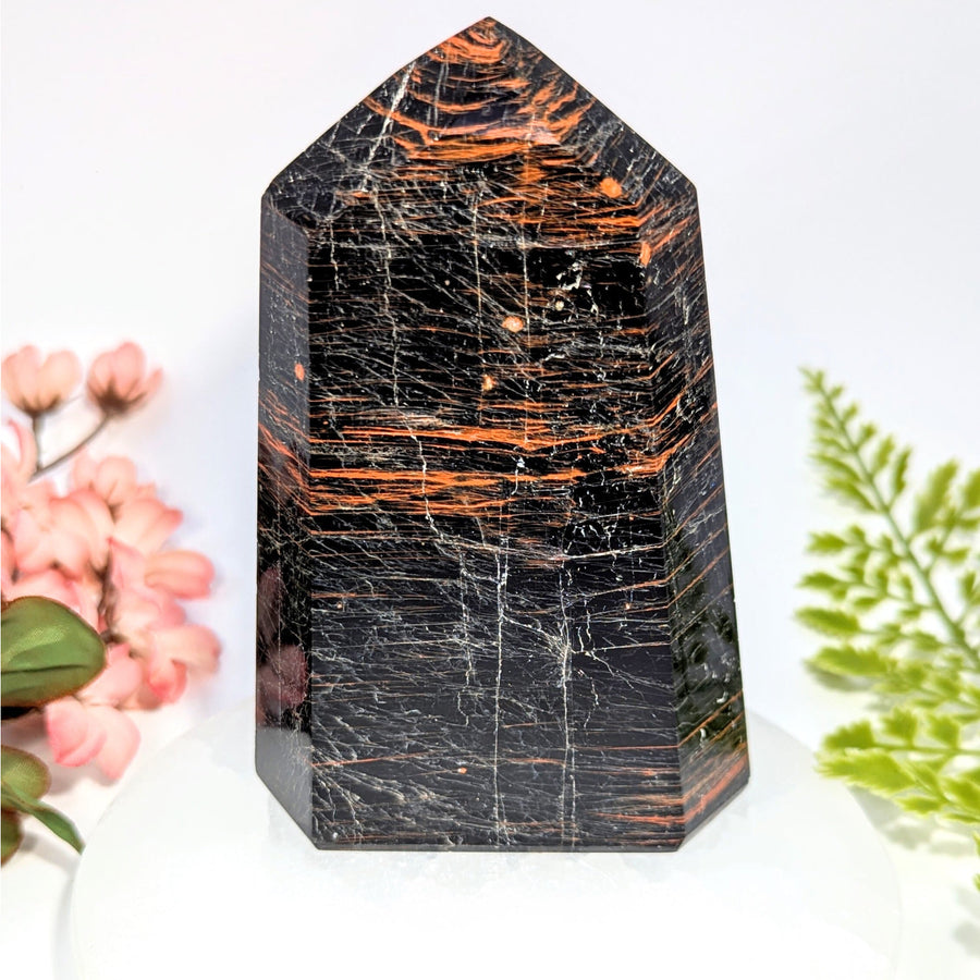 Polished black and orange striped tourmaline 5-inch generator tower #BC0734