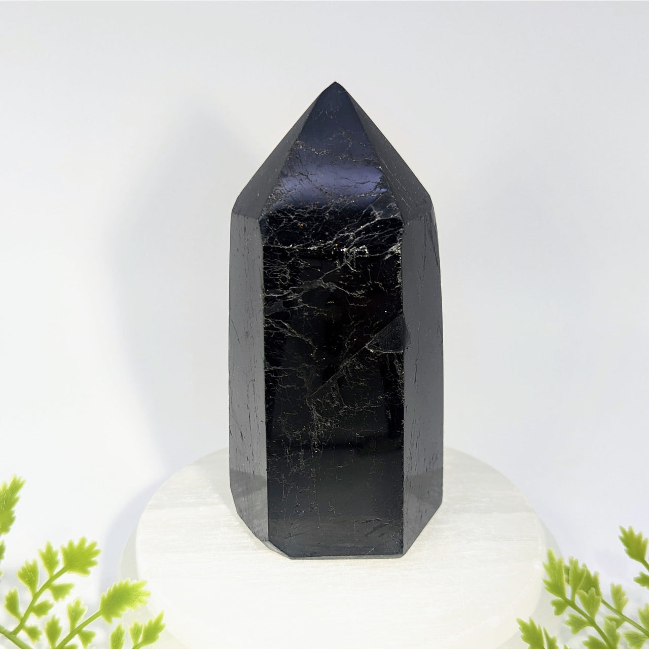 Black tourmaline 5 inch generator tower with polished dark black crystals featuring subtle white veining for jewelry and gemstones