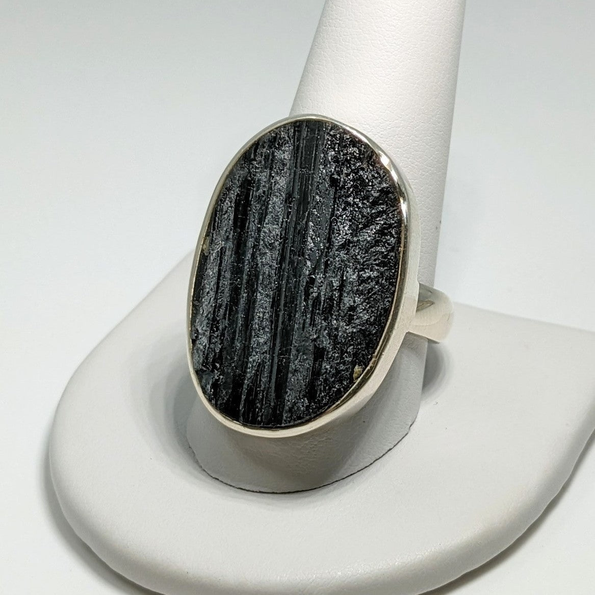 Black Tourmaline Drusite Stone Ring on White Stand - Oval SS Adjustable Size 10 #VT007