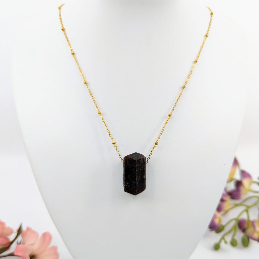 Gold beaded chain necklace with dark crystal pendant for Black Tourmaline Rod 18 inch necklace