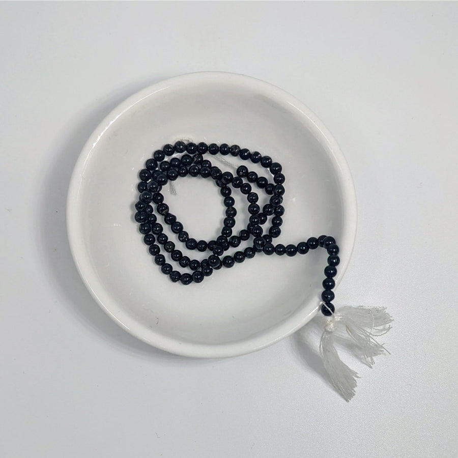 Black Beaded Mala with White Tassel, made from Black Tourmaline Round Beads #LV7153