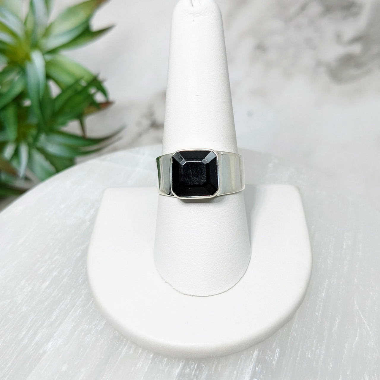 Black Tourmaline S.S. Square Ring #LV5025 on white pedestal