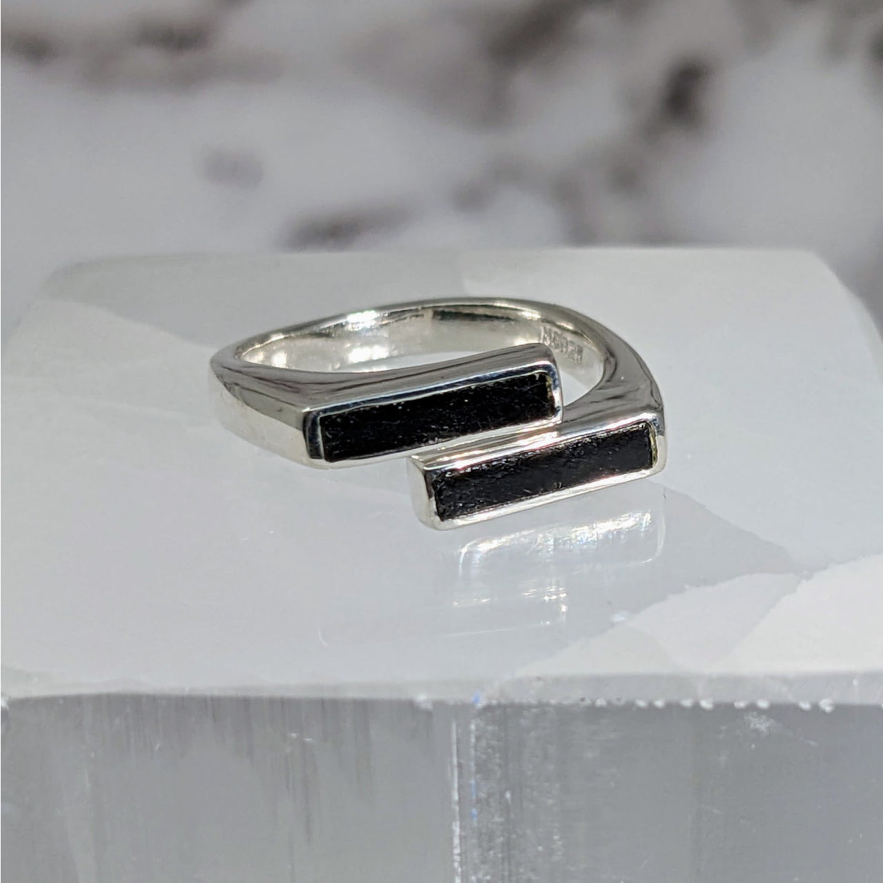 Silver ring with black tourmaline stone on top - Black Tourmaline Split Bar Ring #LV3877