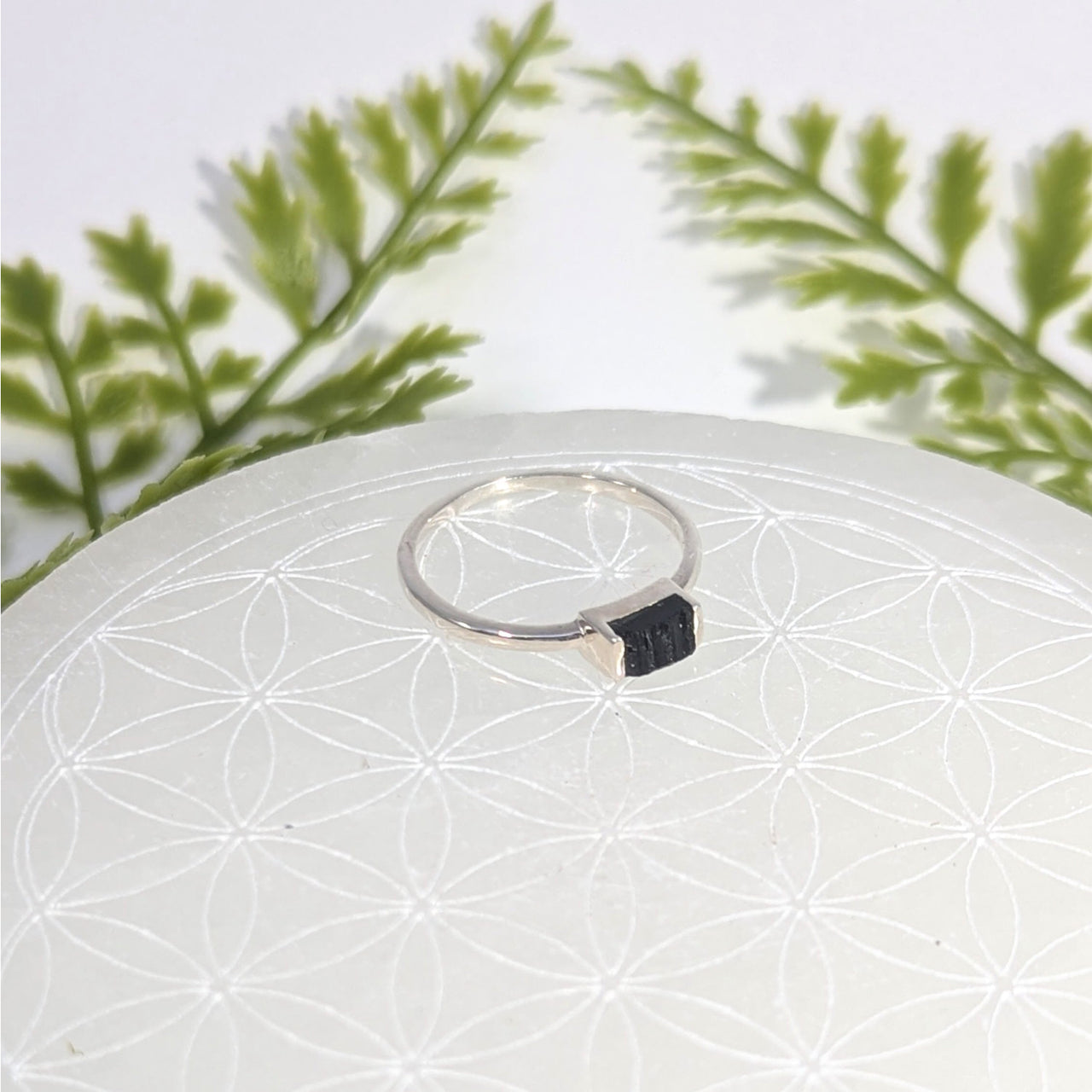 Black tourmaline size 8 mini slice silver ring #BC1064 sleek onyx design