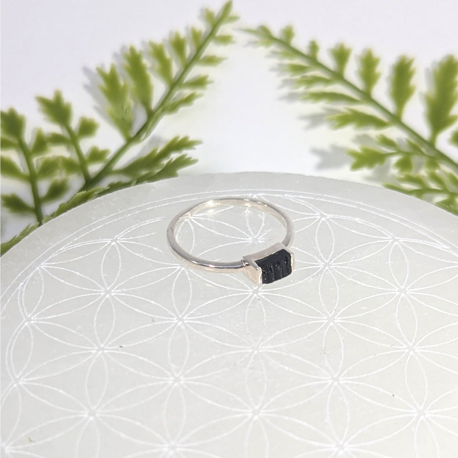 Black tourmaline size 8 mini slice silver ring #BC1064 sleek onyx design
