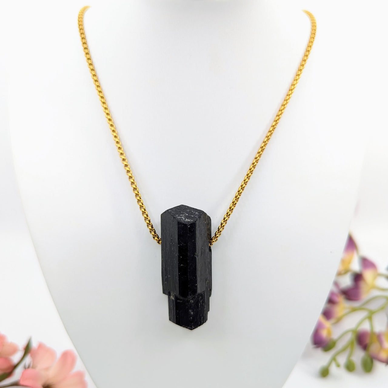 Black Tourmaline Pendant Necklace on Gold Plated Chain for Protection and Style