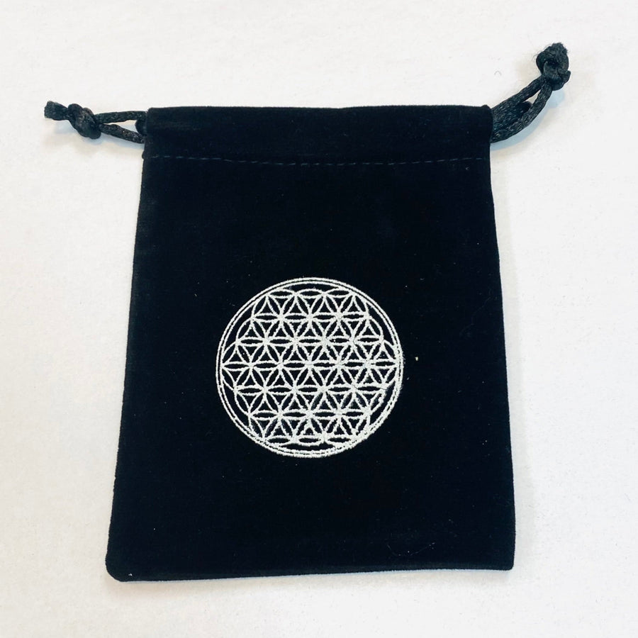 Black Velvet Pouch Q027 with Silver Flower of Life Design - Elegant and Versatile Storage