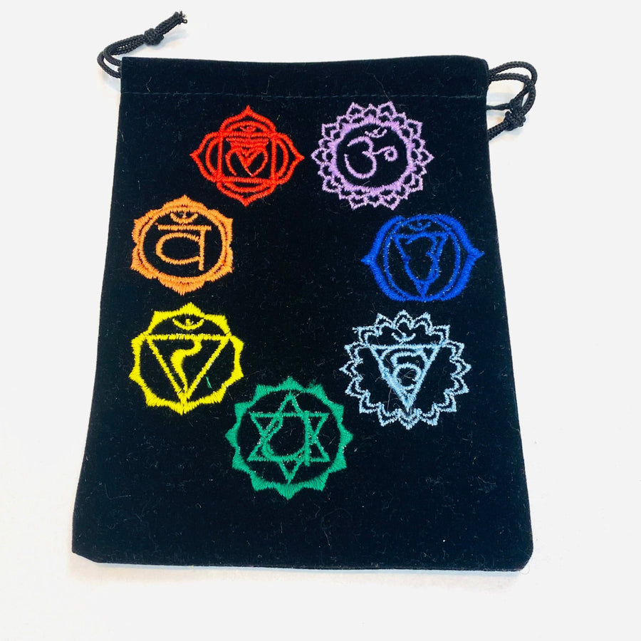 Black velvet drawstring pouch featuring six chakra designs, product code Q027