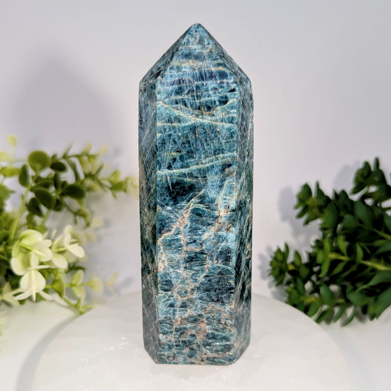 Blue apatite 5.1 inch generator tower with faceted blue green crystal and intricate golden veining polished surface