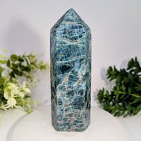 Blue apatite 5.1 inch generator tower with faceted blue green crystal and intricate golden veining polished surface