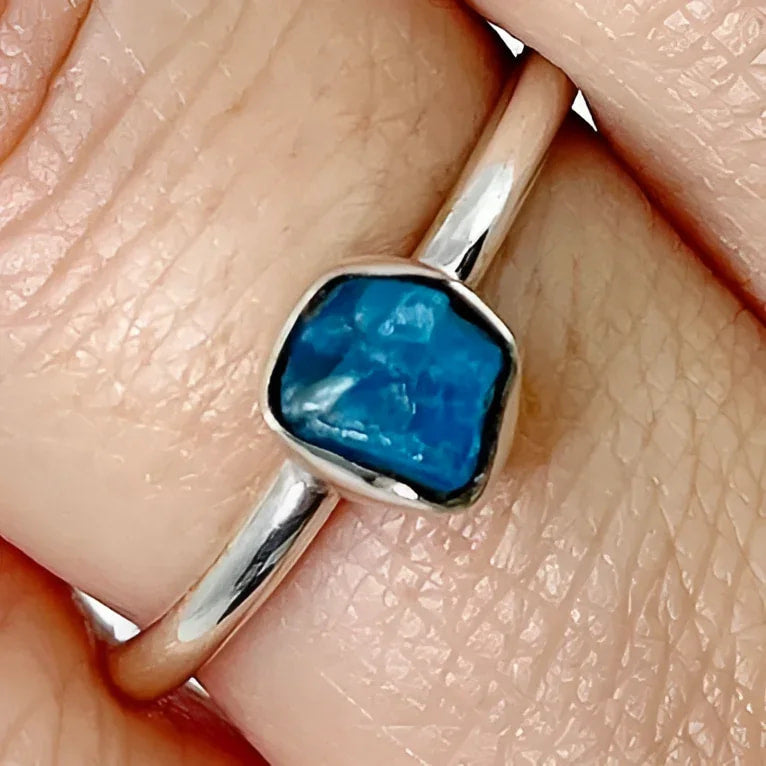 Blue Apatite Rough Dainty Sterling Silver Ring #J515 - $39
