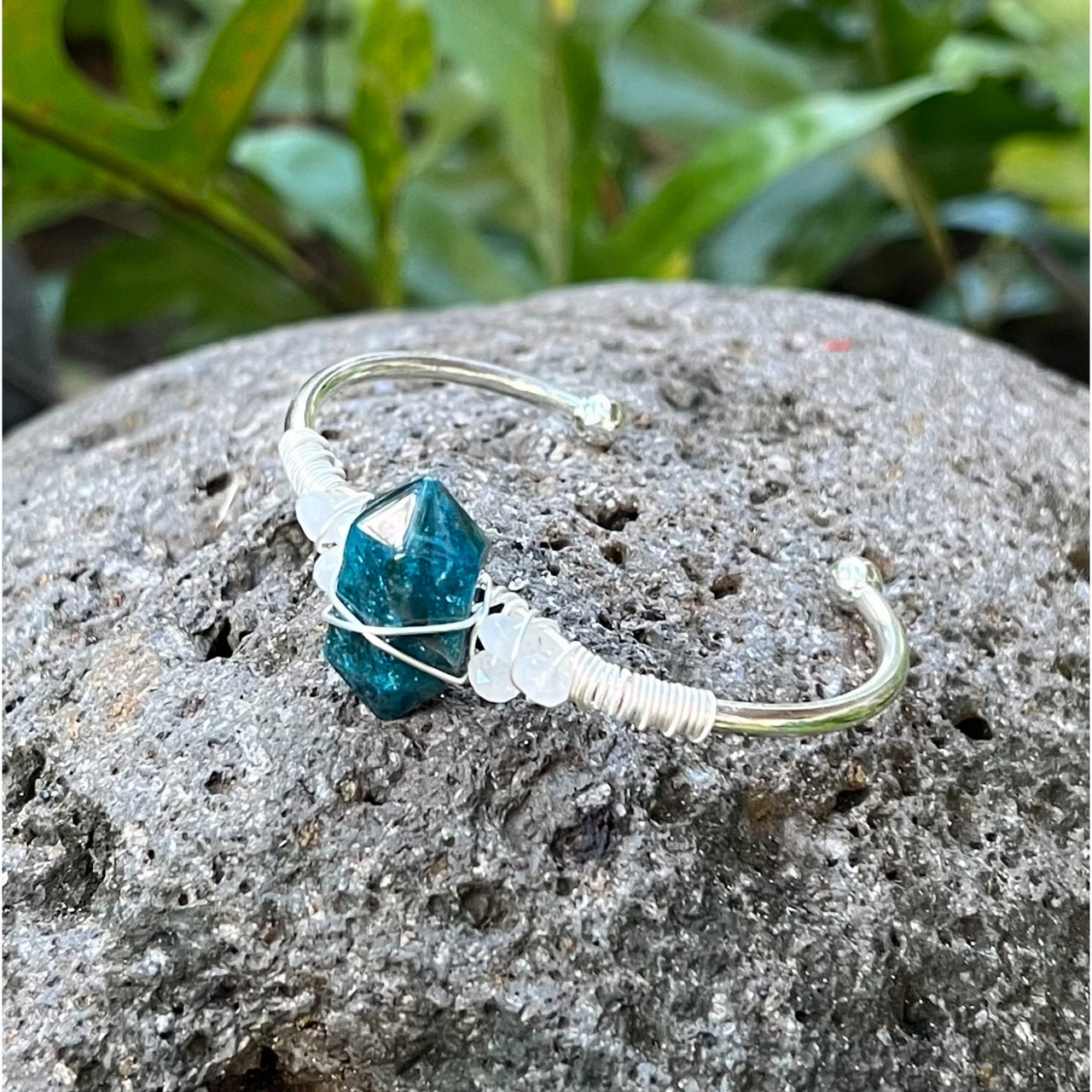 Blue Apatite Silver Bangle Cuff Bracelet #LV6181 - $39.99