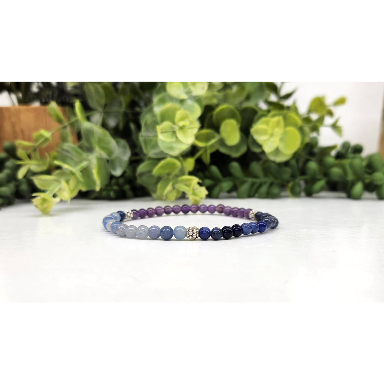 Blue aventurine, sodalite, amethyst 4mm beaded bracelet with silver accents