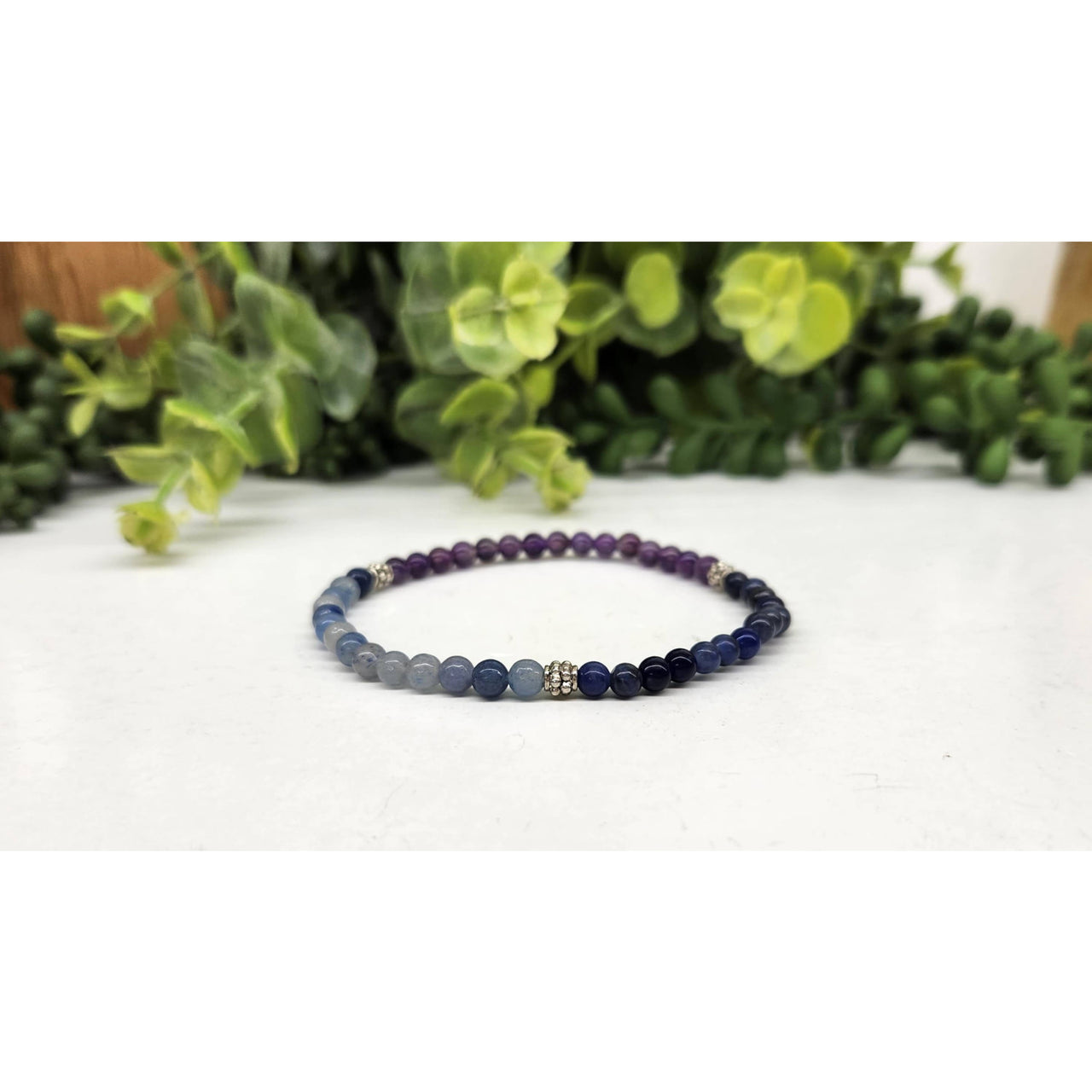 Blue aventurine, sodalite, amethyst 4mm beaded bracelet with silver accents