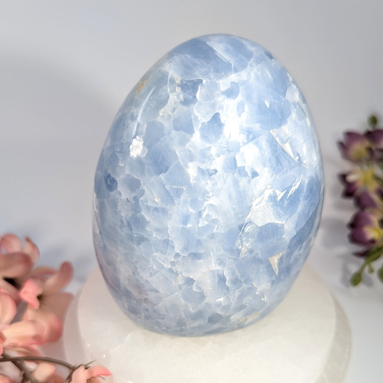 Translucent light blue fluorite egg-shaped crystal, Blue Calcite 4’’ Freeform #BC0389