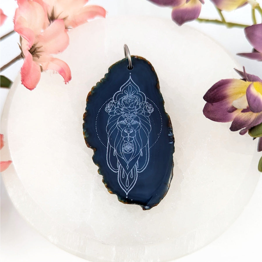 Blue Dyed Agate 2.5’’ Leo Etched Pendant #LV9328 - $28