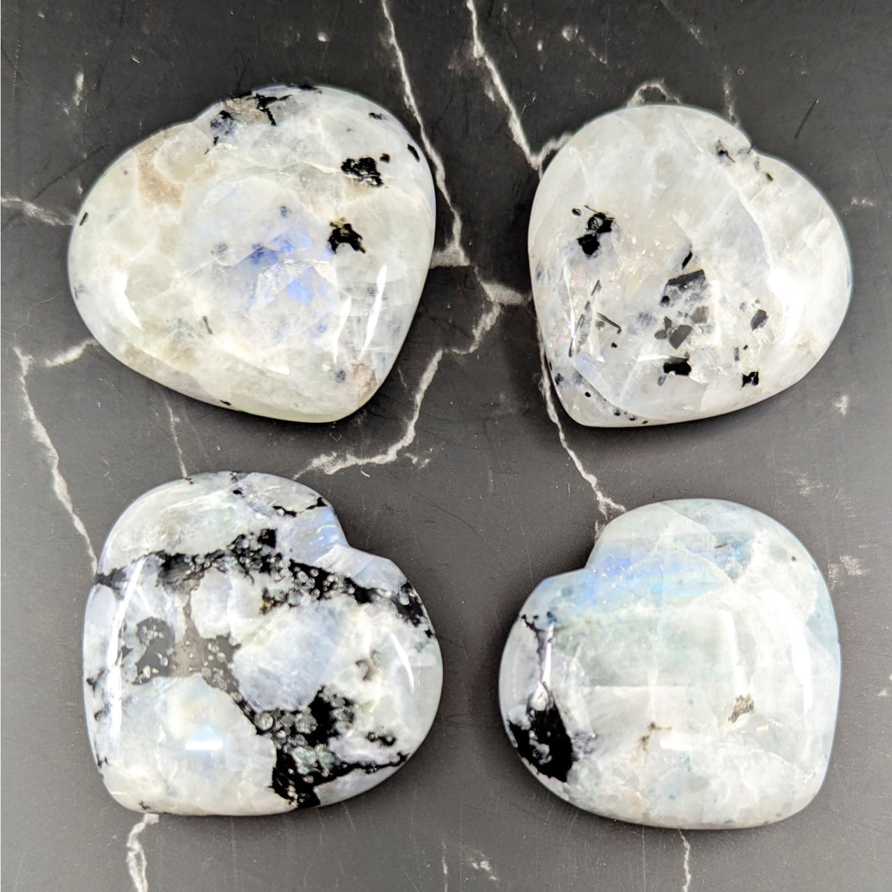 Blue flash moonstone 1.5-2in heart #BC0730, 4 rainbow stones with inclusions