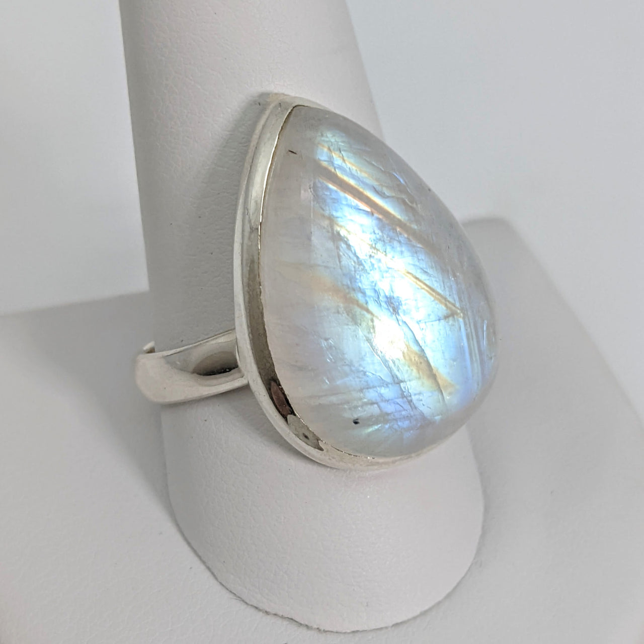 Close-up of Blue Flash Moonstone Ring Size 12, featuring a large stone, product code SK8524