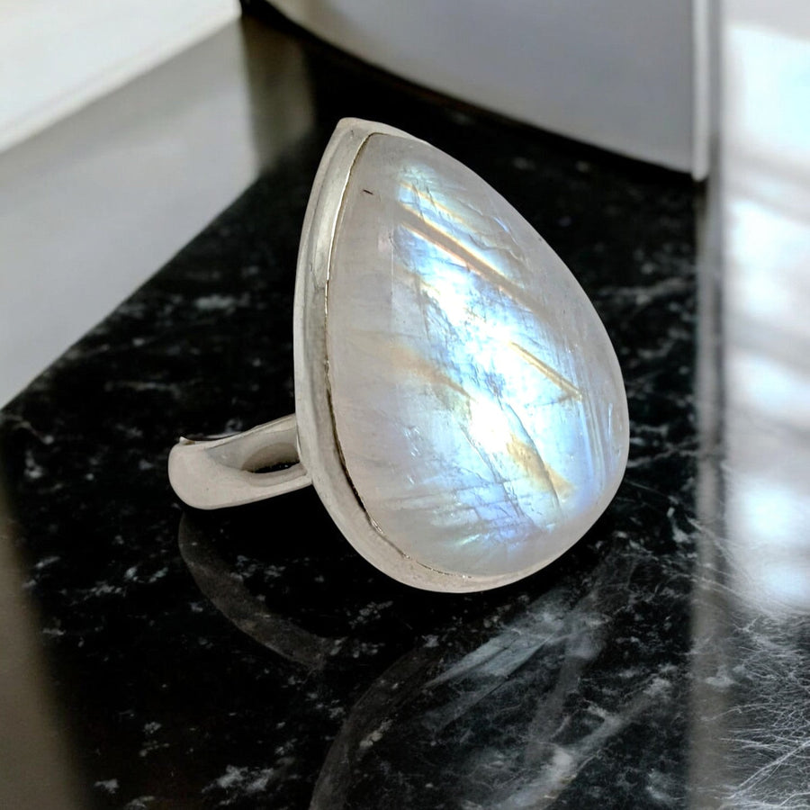 Blue Flash Moonstone Ring Size 12 Sterling Silver with Teardrop Moonstone design