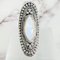 Thumbnail for The White Ope Ring on Blue Flash Moonstone Sz 7.5 Jumbo Shield Ring #LV2621