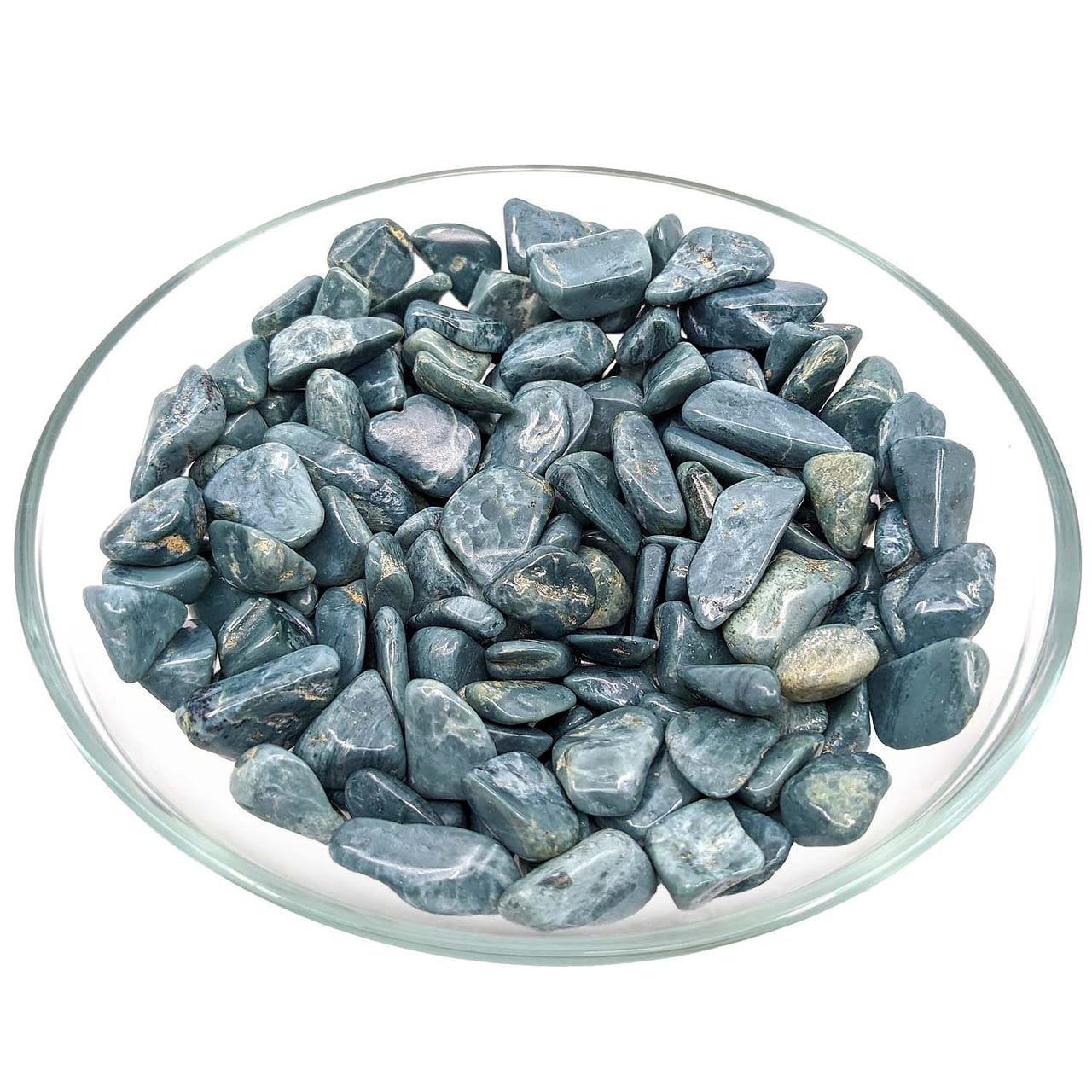 Gray polished stones in a glass bowl featuring Blue Jade Grade AA Small Tumbled 4g