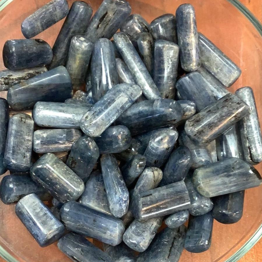 Dark gray cylindrical Blue Kyanite Tumbled Stones for Throat Chakra healing energy