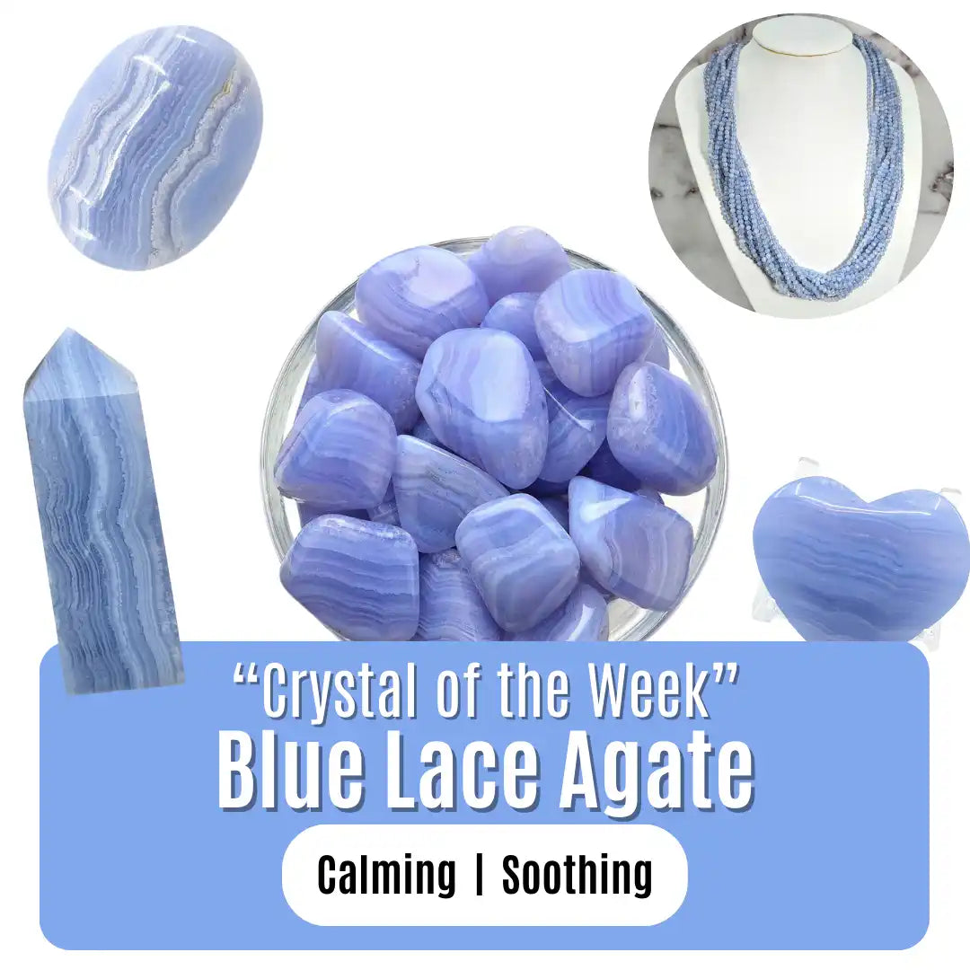 Blue Lace Agate crystals with swirling, banded patterns in soft periwinkle and white tones.