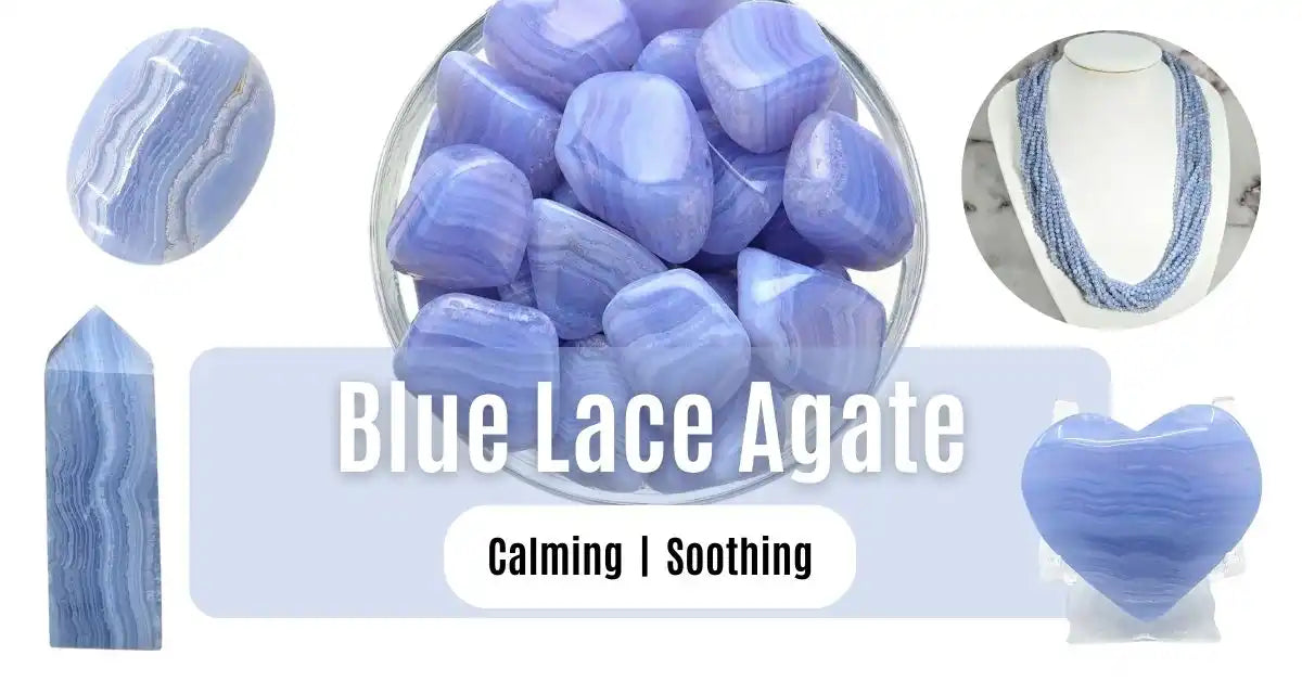 Blue Lace Agate crystals and stones in heart and oval shapes with soft, banded patterns.