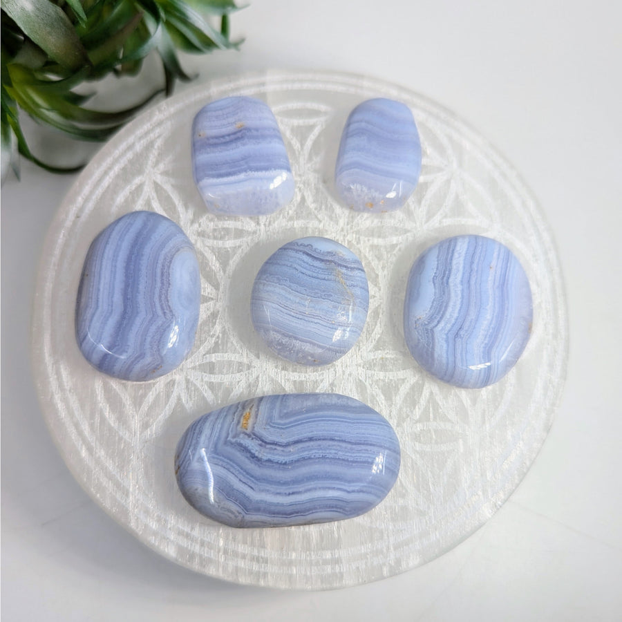 Blue Lace Agate Flat Tumbles showcasing calm emotions and soothing blue lace agate stones