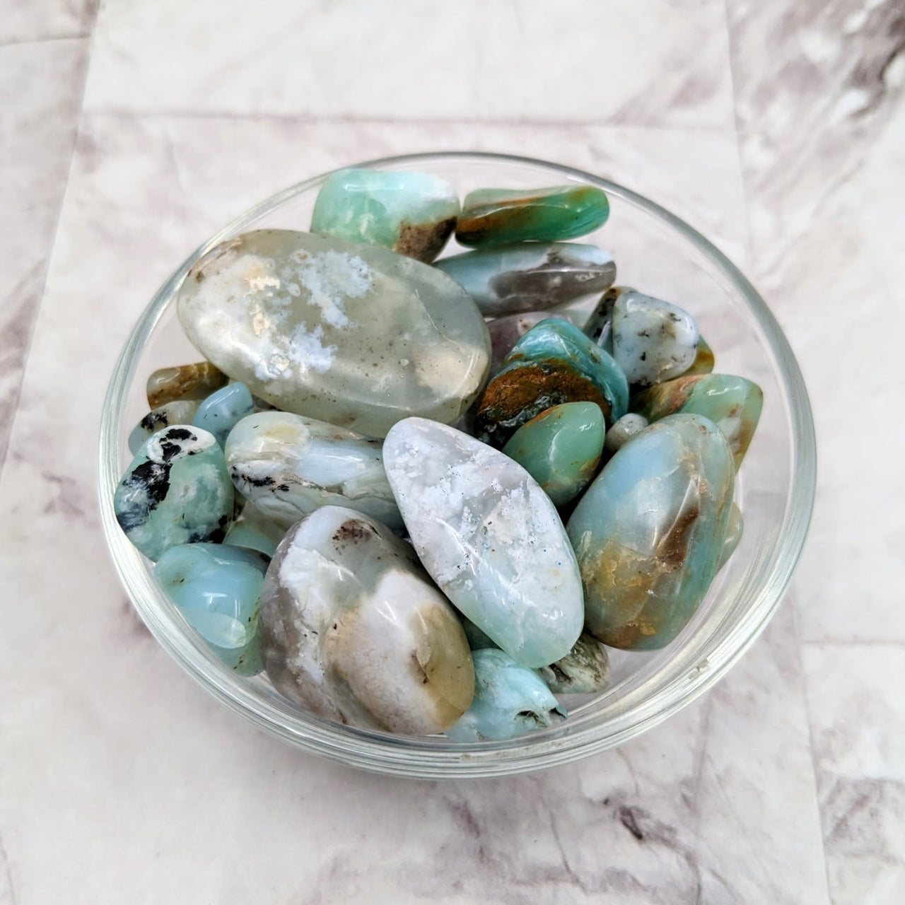 Blue Opal Tumbled Stones (1-1.5’) - Stunning Blue & Green Rocks in a Bowl - #LV2291