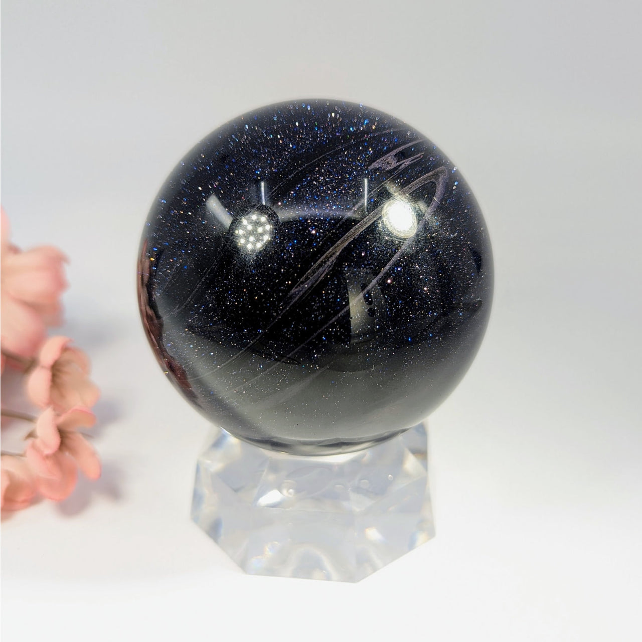 Blue Sandstone 2.8 inch black gold glitter sphere on acrylic stand #BC0129