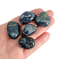 Thumbnail for A hand holding five Blue Sapphire Tumbled Stones, showcasing their unique colors