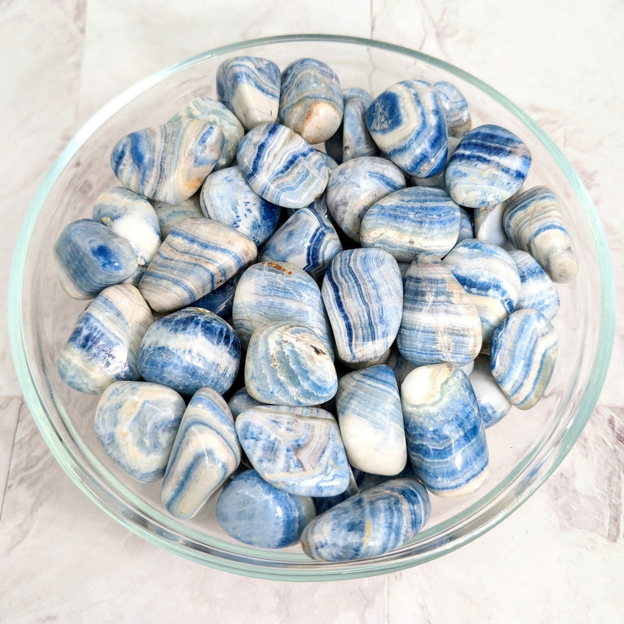 Blue Scheelite Tumbled Stones in a bowl - Blue and white marble pebbles #LV2258